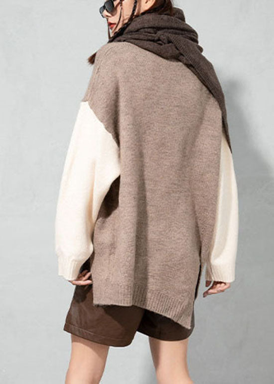 Boutique Apricot O-Ausschnitt Asymmetrische dicke Patchwork Wollpullover Tops Frühling