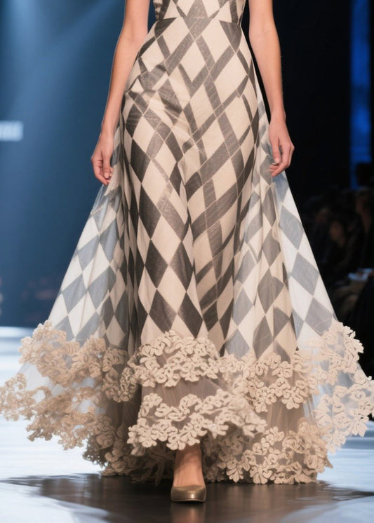 Boutique Apricot V Neck Plaid Chiffon Summer Dress