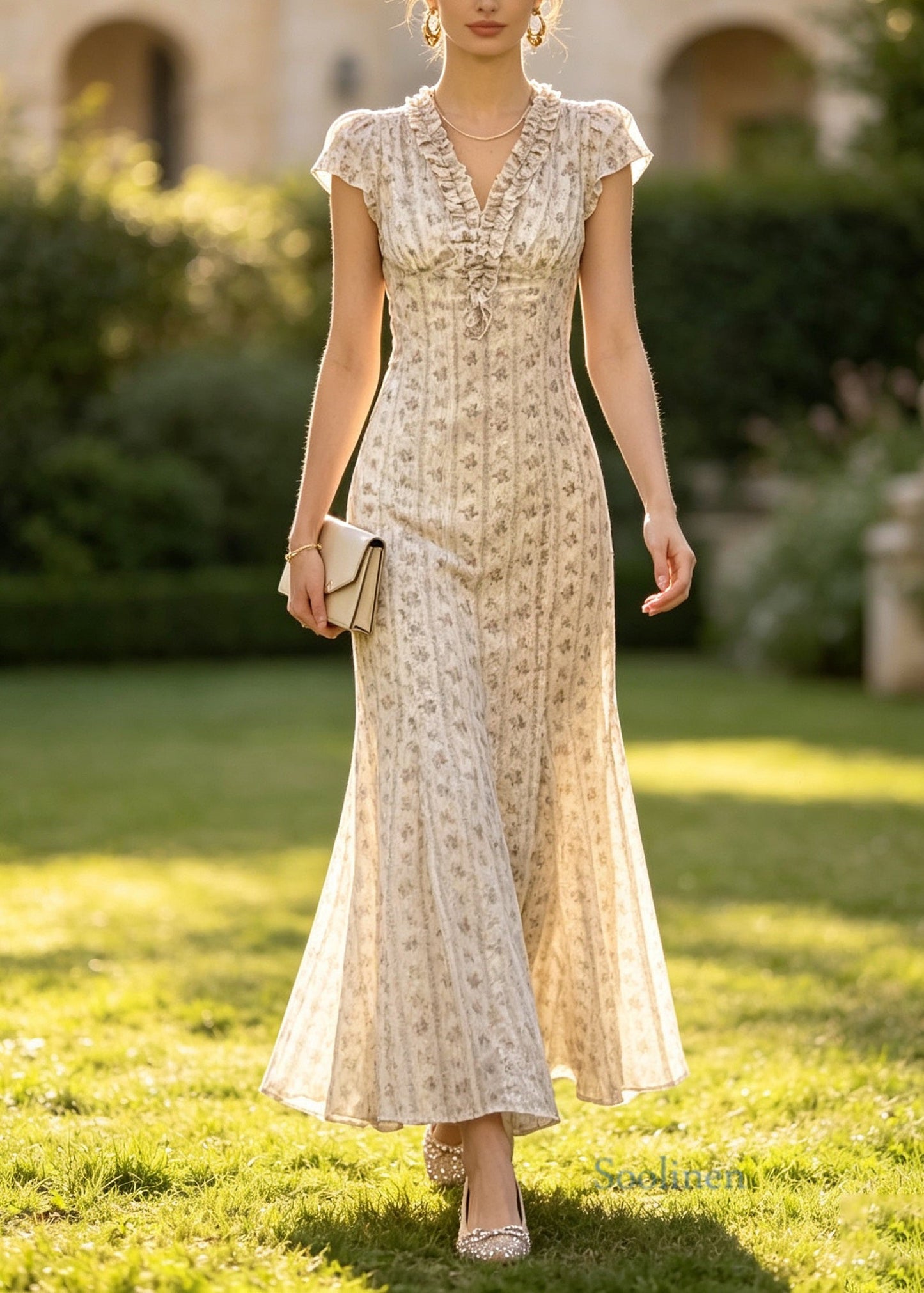 Boutique Apricot V Neck Ruffled Print Cotton Maxi Dresses Summer