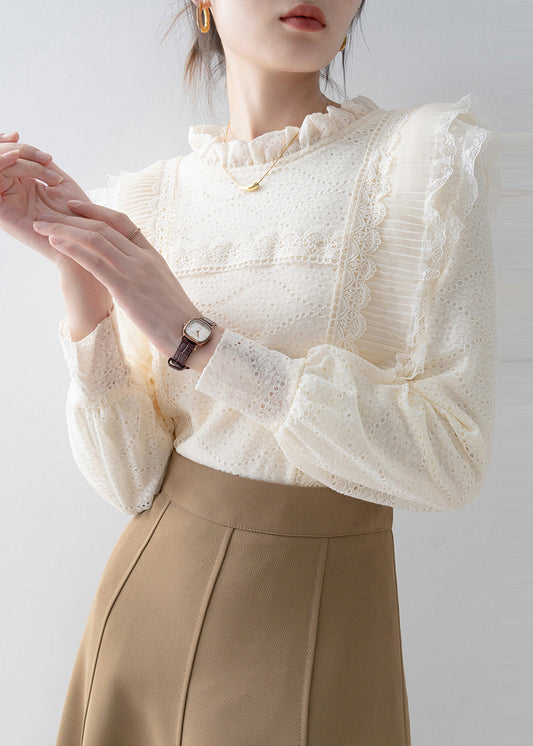 Boutique Beige Ruffled Patchwork Lace Top Spring