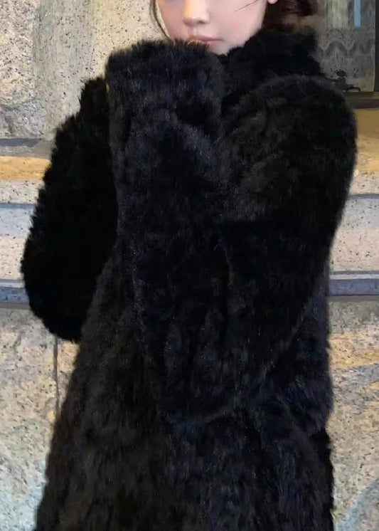 Boutique Beige Stand Collar Button Faux Fur Coat Winter