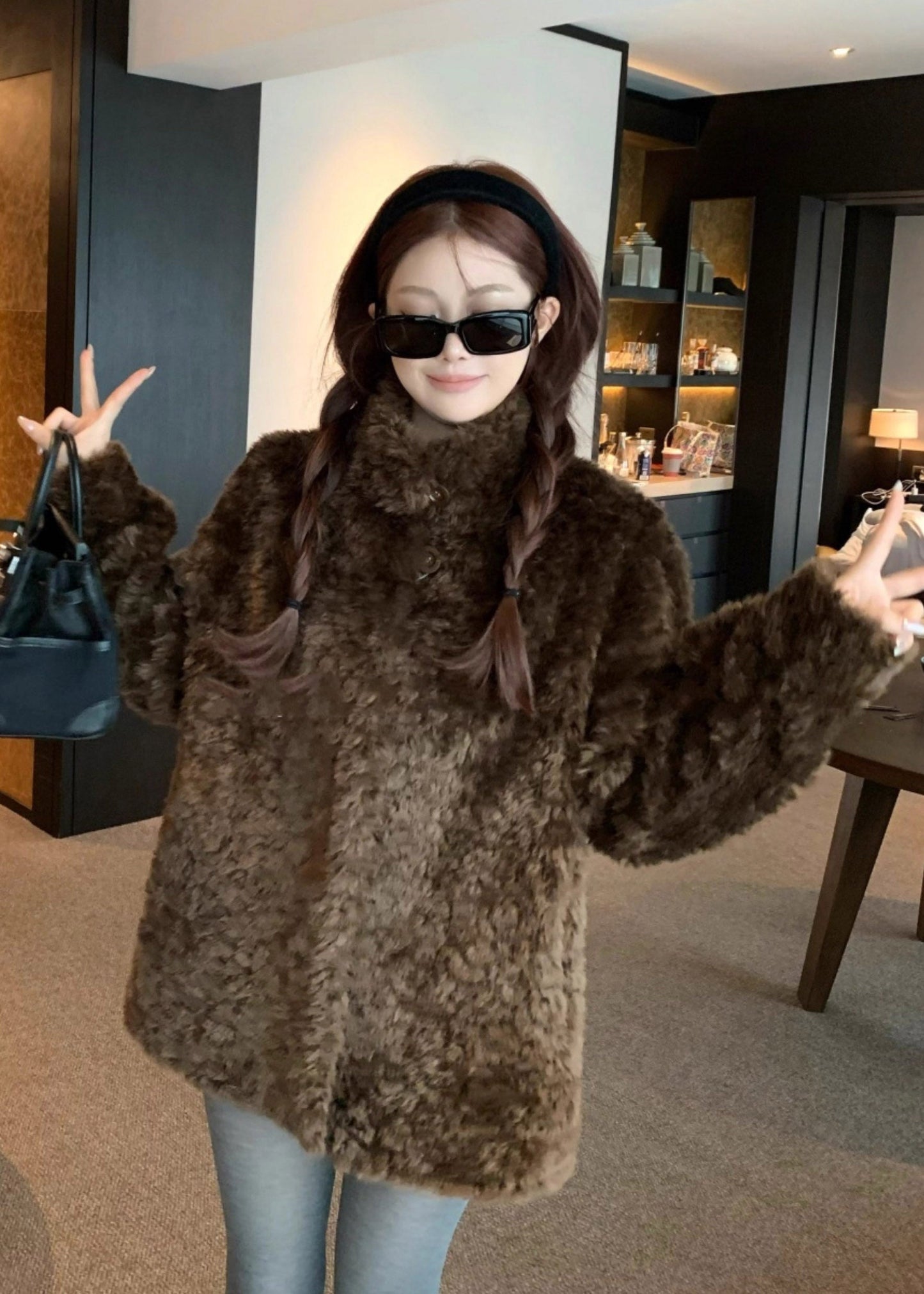 Boutique Beige Stand Collar Button Faux Fur Coat Winter