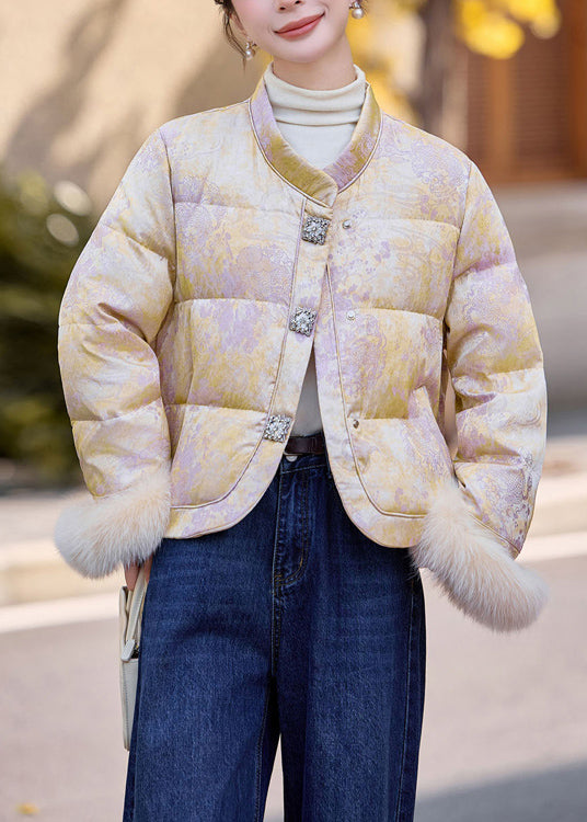 Chaqueta de plumón de pato con patchwork de piel y cuello alto beige de Boutique para invierno