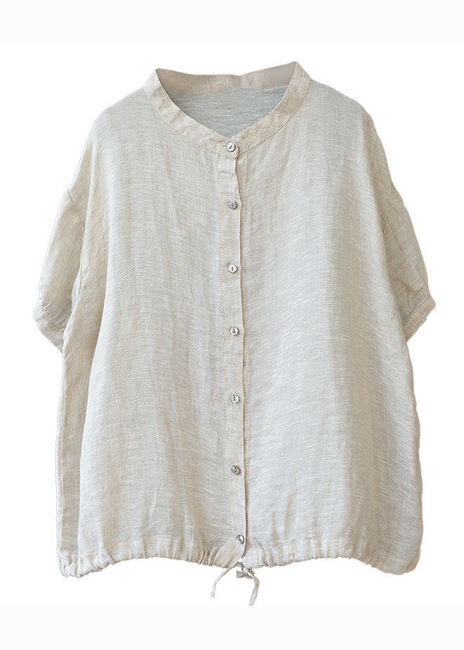 Blusas de lino con patchwork y cuello alto beige de Boutique Verano