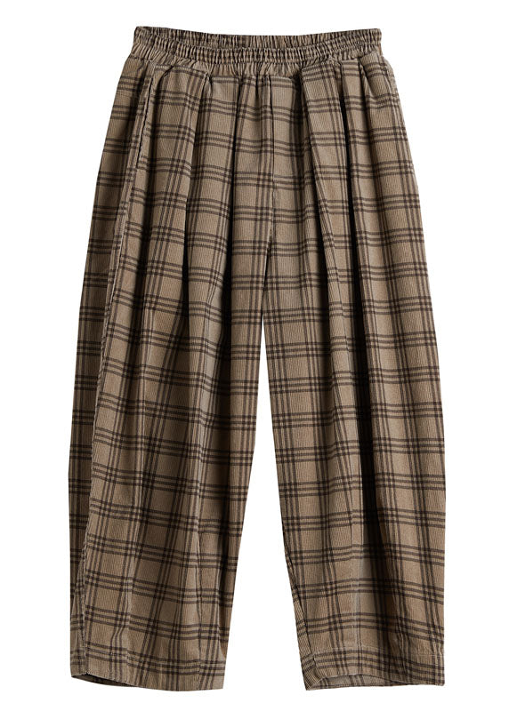 Boutique Beige elastische Taille Plaid Baumwolle Hose Frühling