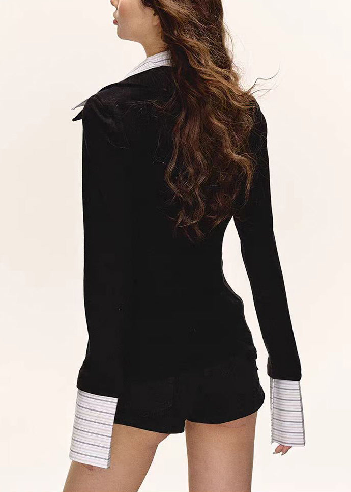 Boutique Schwarzes zweiteiliges Patchwork-Baumwoll-T-Shirt-Top für den Frühling