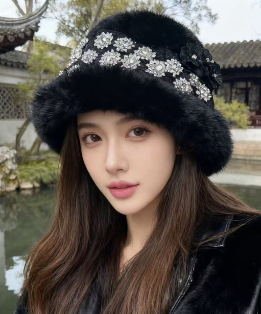 Boutique Black Floral Zircon Mink Hair Bucket Hat