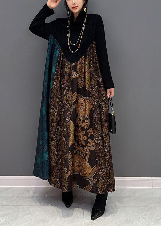 Boutique Schwarz High Neck Patchwork Extra Große Saum Baumwolle Robe Kleider Frühling