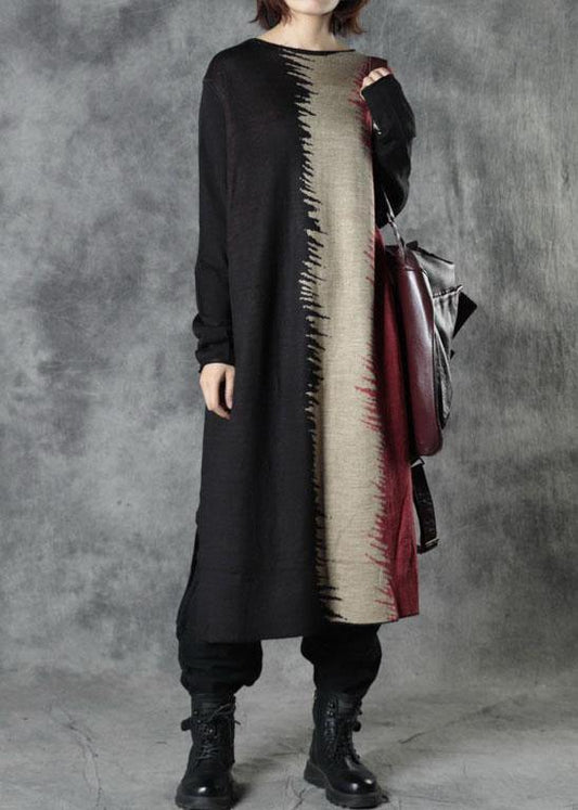 Boutique Black O-Neck Patchwork Fall Knitwear Dress - SooLinen
