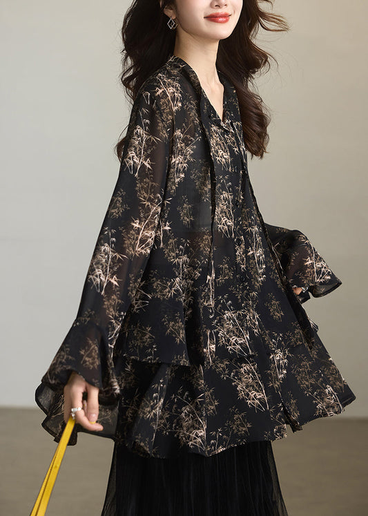 Boutique Black Ruffled Print Chiffon Shirts Spring