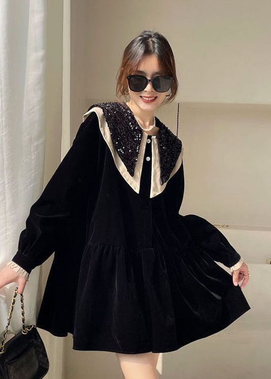 Boutique Black Sequins Patchwork Velour Dress Winter