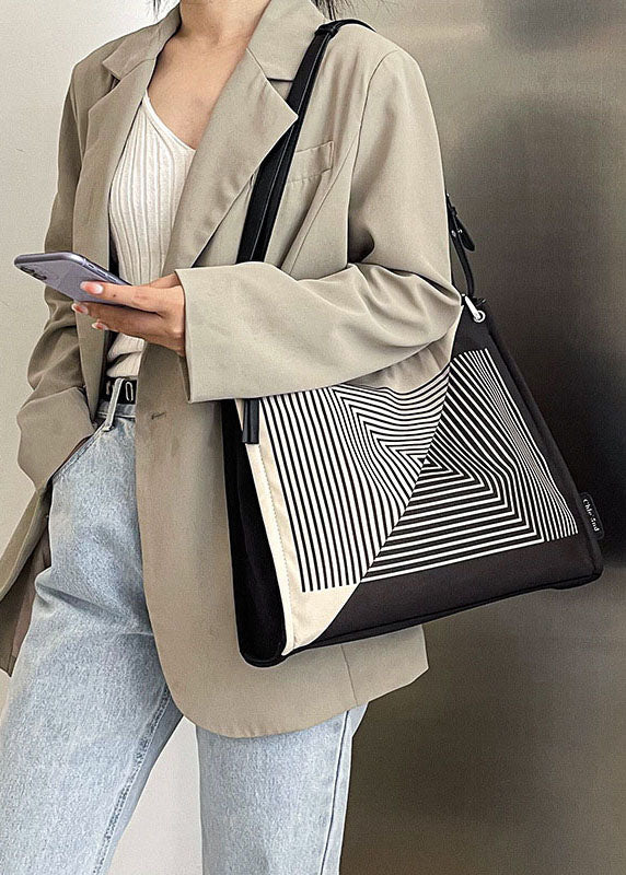 Boutique Tote-Handtasche aus Canvas mit Streifenmuster, Schwarz