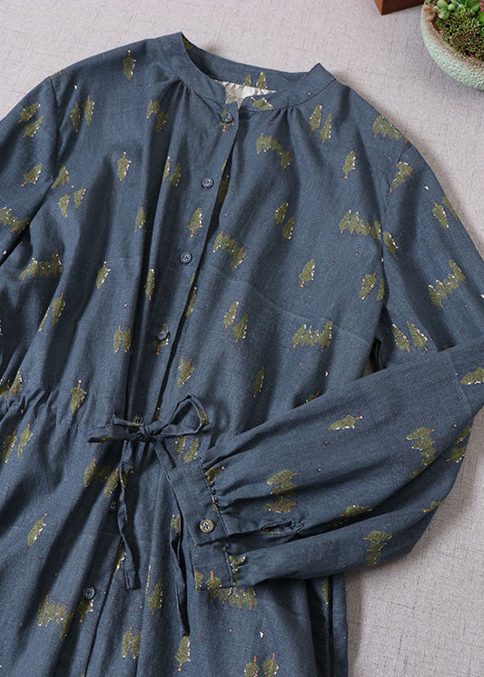 Boutique Blau Cinched Print Baumwolle Urlaubskleider Frühling