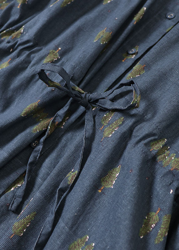 Boutique Blau Cinched Print Baumwolle Urlaubskleider Frühling