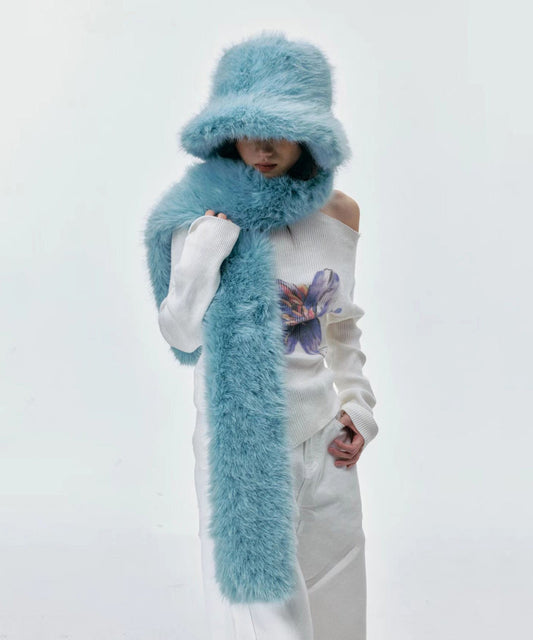 Boutique Blue Fuzzy Fur Fluffy Warm Bucket Hat Scarf Set
