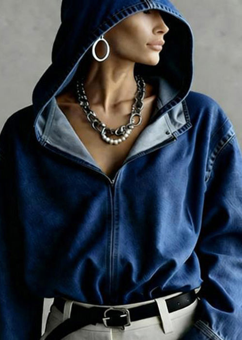 Boutique Blue Hooded Loose Denim Top Spring