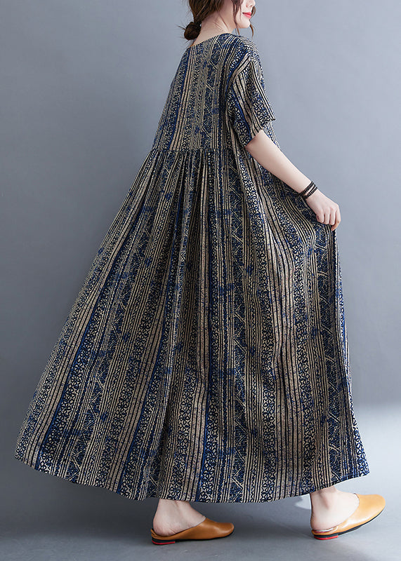 Boutique Blau O-Ausschnitt Cinched Print Extra großer Saum Urlaubskleid Kurzarm