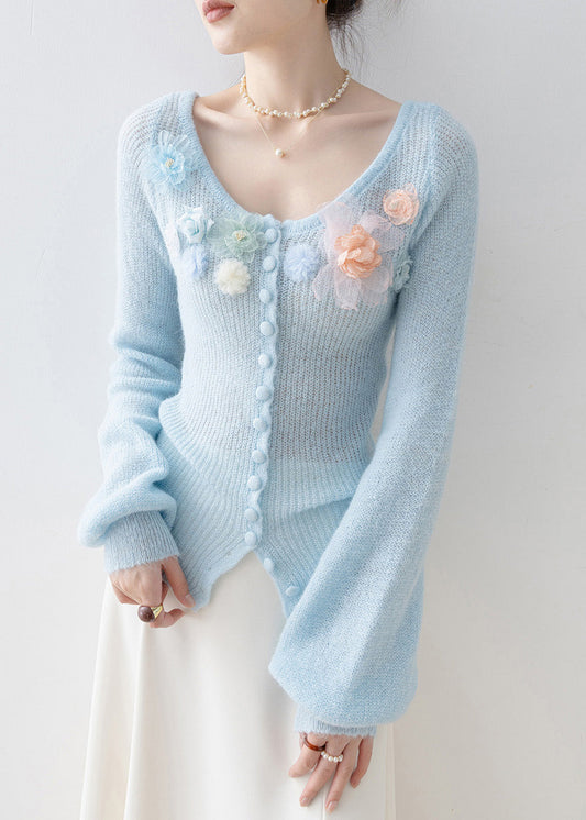 Boutique Blue O Neck Floral Knitted Tops Spring