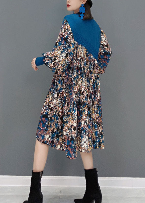 Boutique Blau O-Ausschnitt stricken Patchwork Chiffon Urlaub Kleid Frühling