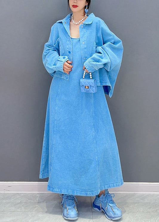 Boutique Blue Oversized Denim Two Piece Set Fall