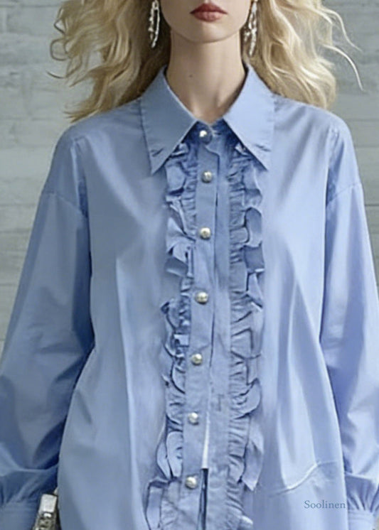 Boutique Blue Ruffled Button Cotton Blouses Spring