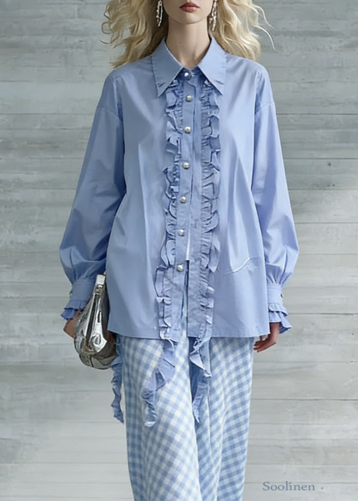Boutique Blue Ruffled Button Cotton Blouses Spring