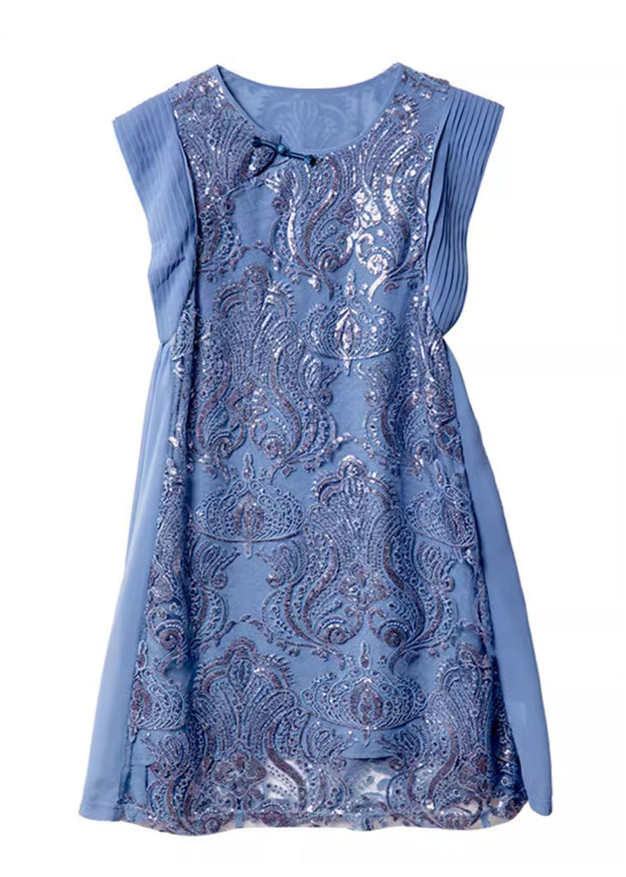 Boutique Blue Sequins Embroidered Chiffon Dresses Summer