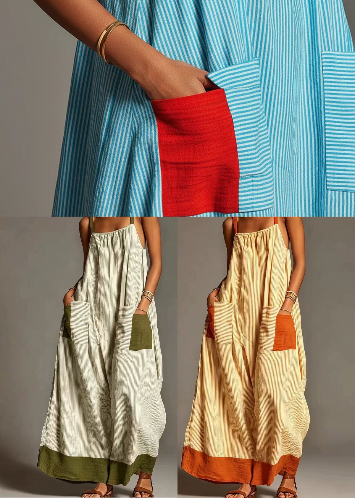 Boutique Blue Striped Patchwork Cotton Robe Dresses Summer