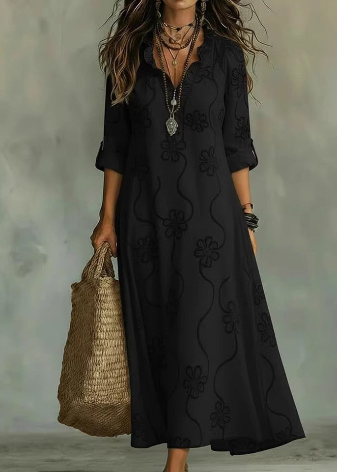 Boutique Blue V Neck Ruffled Maxi Dress Long Sleeve