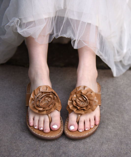 Boutique Brown Cowhide Leather Flip Flops Splicing Floral