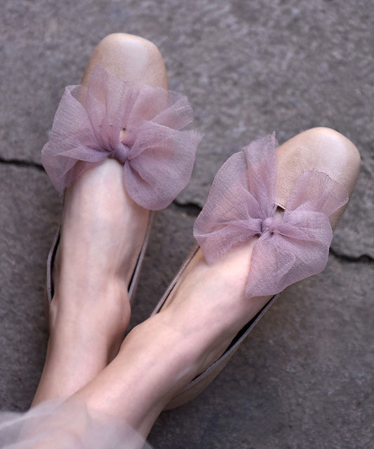 Boutique Brown Cowhide Leather Splicing Bow Penny Loafers