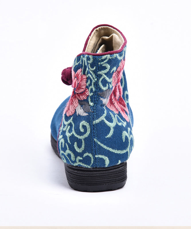 Boutique Bequeme Stiefeletten mit Schnallenriemen und Stickerei, blauer Baumwollstoff