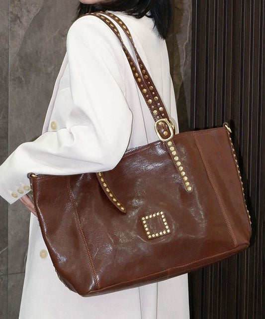Boutique Chocolate Rivet Large Capacity Leather Shoulder Bags