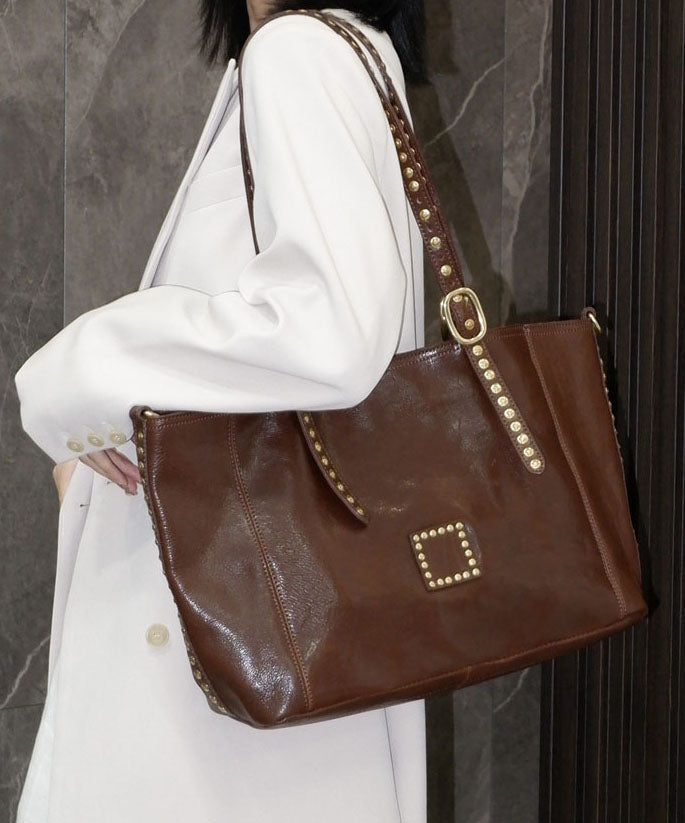 Boutique Chocolate Rivet Large Capacity Leather Shoulder Bags