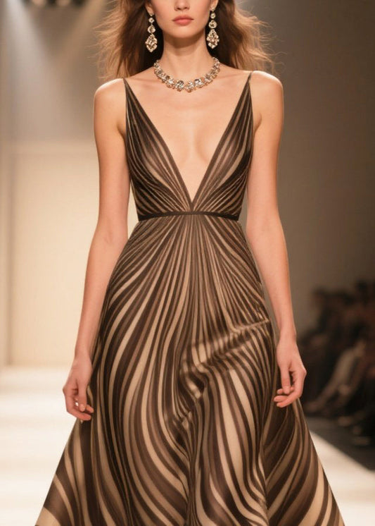 Boutique Chocolate Striped Patchwork Lace Chiffon Evening Dress Summer