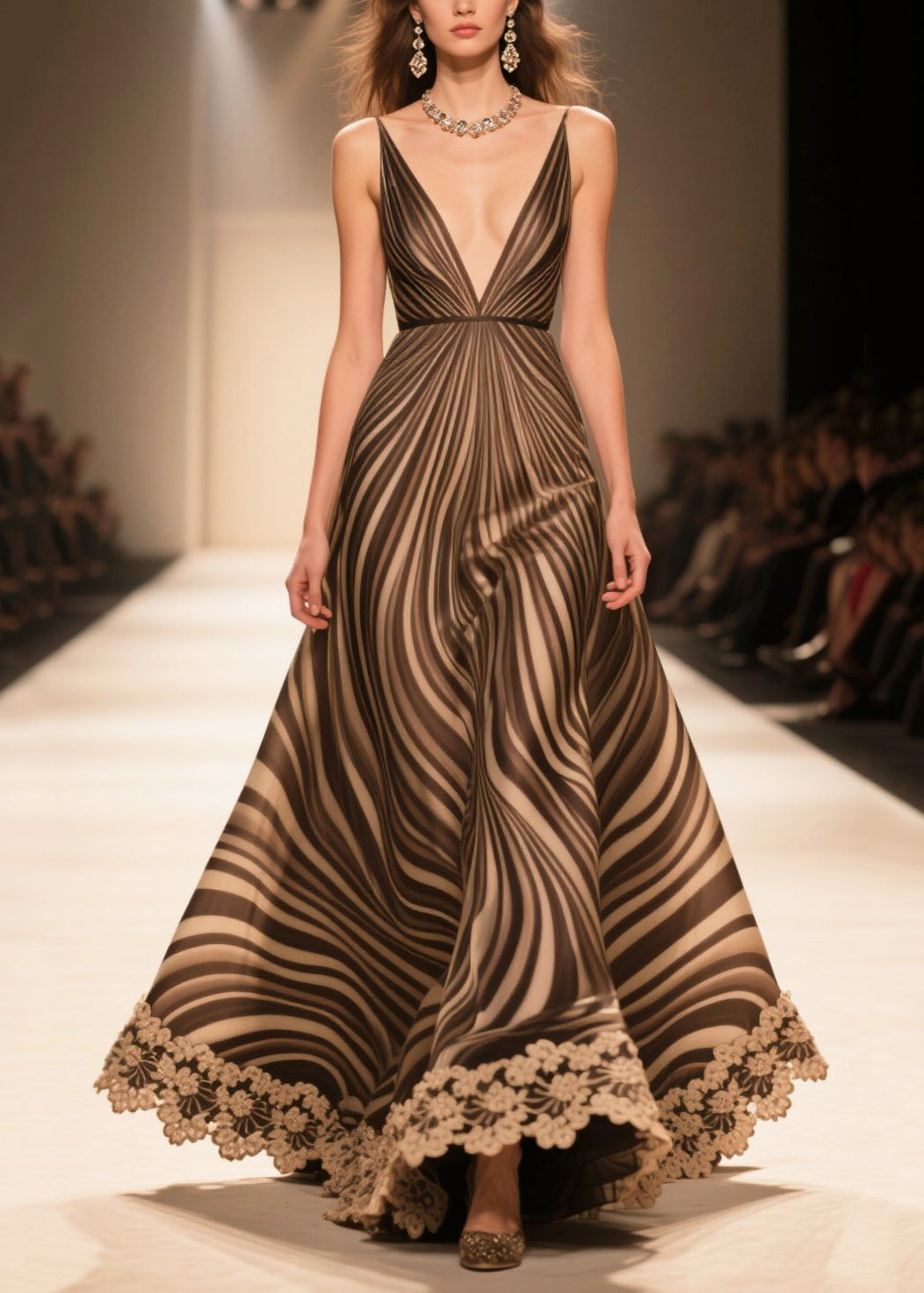 Boutique Chocolate Striped Patchwork Lace Chiffon Evening Dress Summer