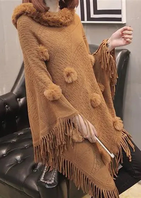 Boutique Schokolade Pelzkragen Quaste Lange Strickpullover Mäntel Fledermausärmel