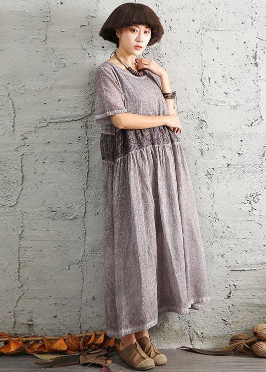 Boutique Chocolate O-Neck Patchwork Cotton Long Dress Short Sleeve