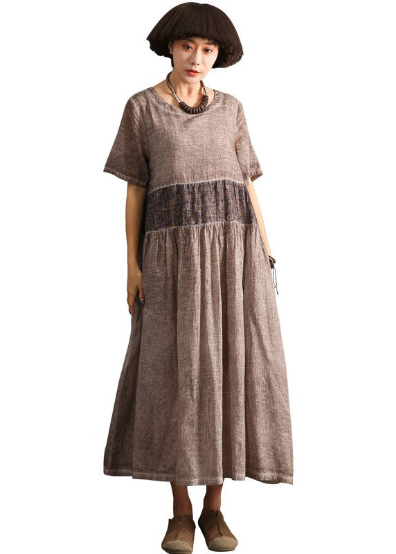 Boutique Chocolate O-Neck Patchwork Cotton Long Dress Short Sleeve