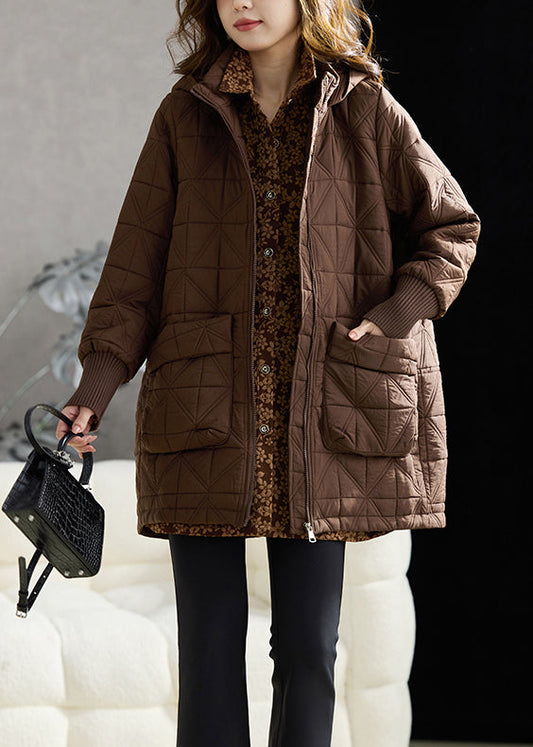 Boutique Coffee Zip Up Pockets Fine Cotton Filled Hooded Coats Winter