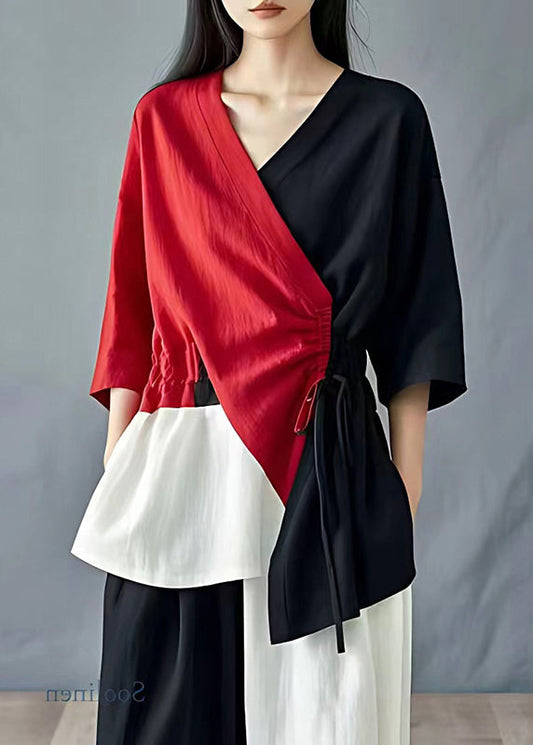 Boutique Colorblock Asymmetrische Patchwork Cinched Leinen Tops Sommer