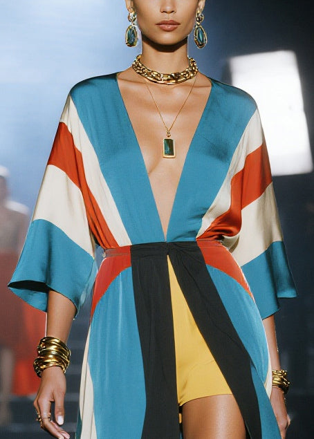 Boutique Colorblock Print Side Open Silk Vacation Dresses Summer