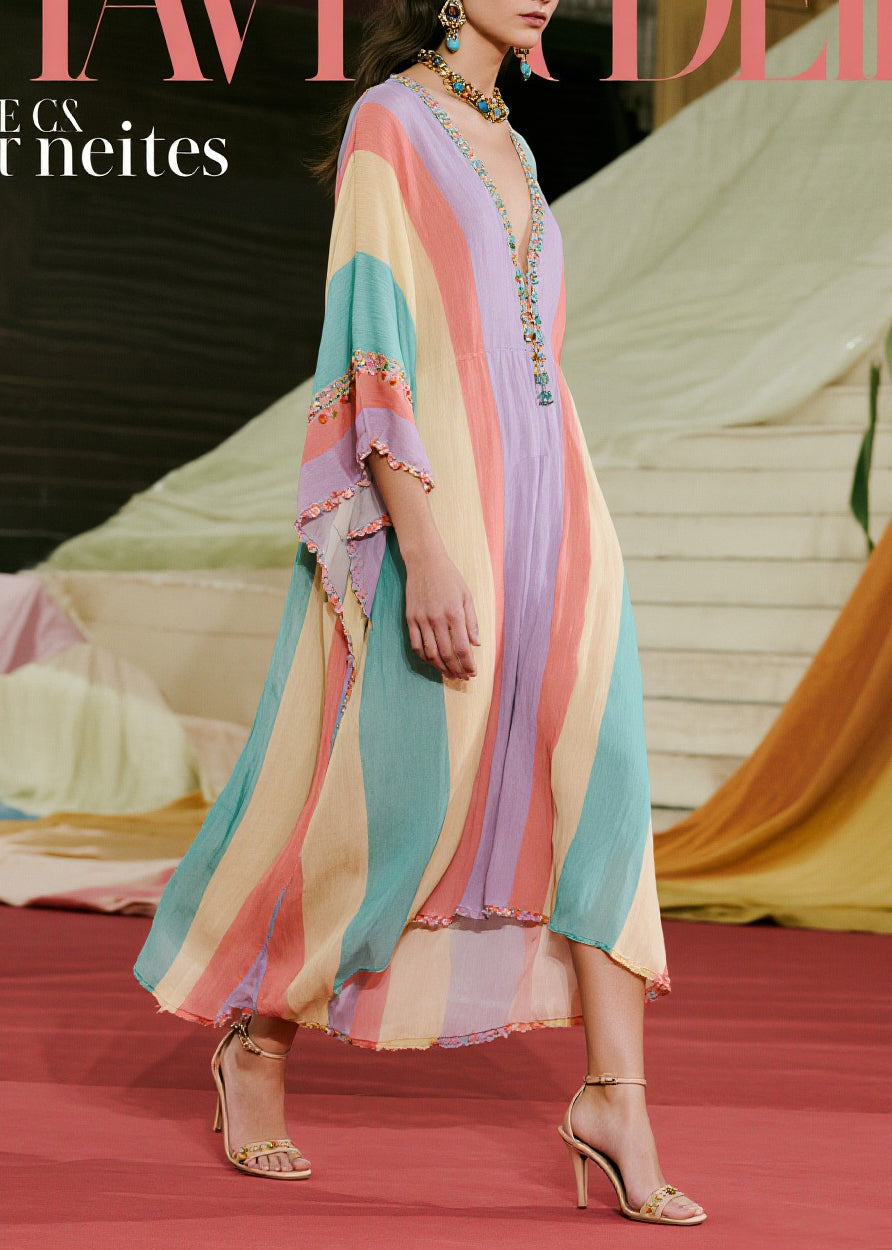 Boutique Colorblock Ruffled Striped Cotton Ankle Dress Batwing Sleeve