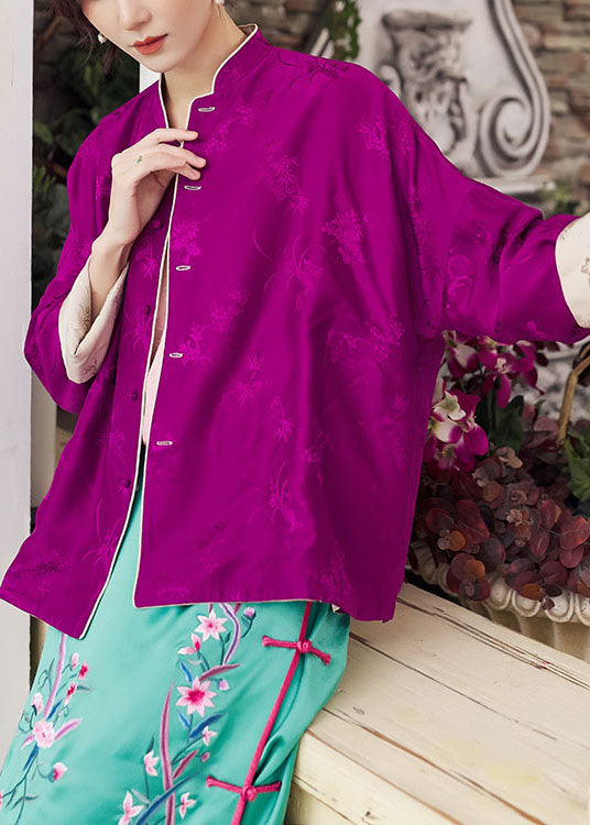 Boutique Colorblock-Knopf Stehkragen Beidseitig tragbar Print Seidenmäntel Frühling