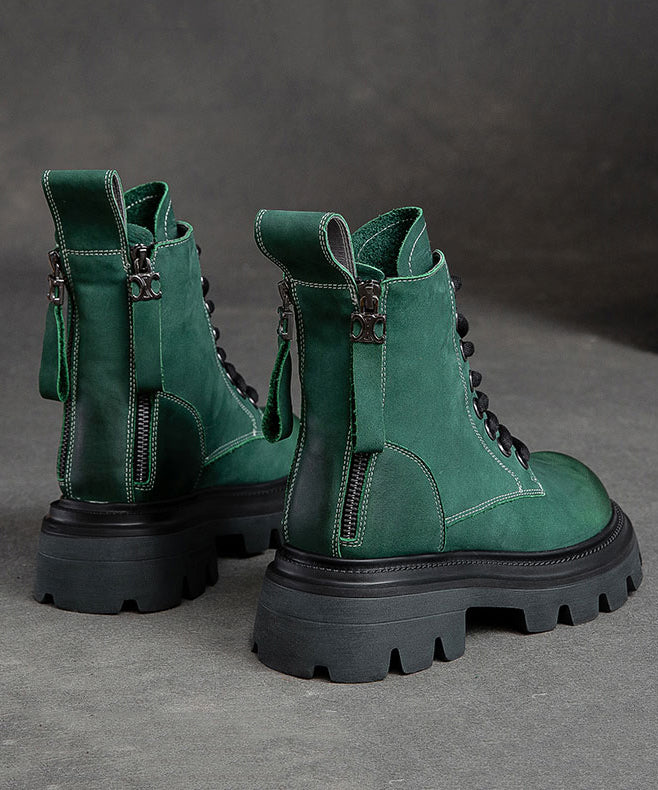 Boutique Cowhide Leather Green Splicing Boots Lace Up
