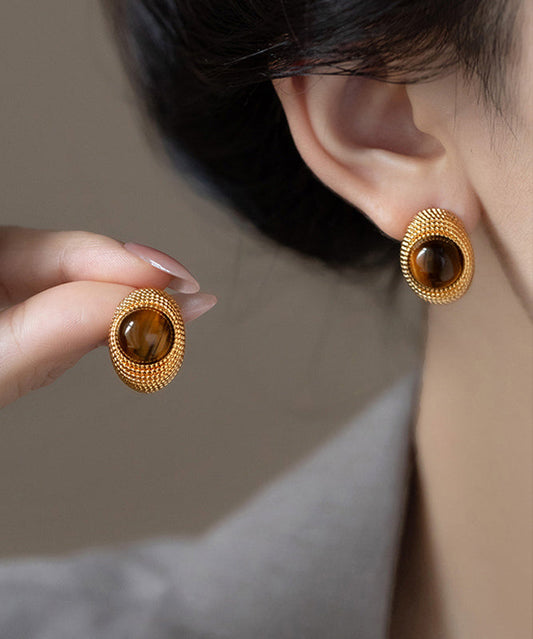 Boutique Gold Copper Overgild Tiger's Eye Stud Earrings