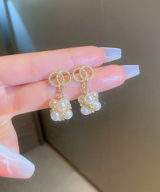 Pendientes colgantes de perla y circonitas doradas de plata esterlina boutique