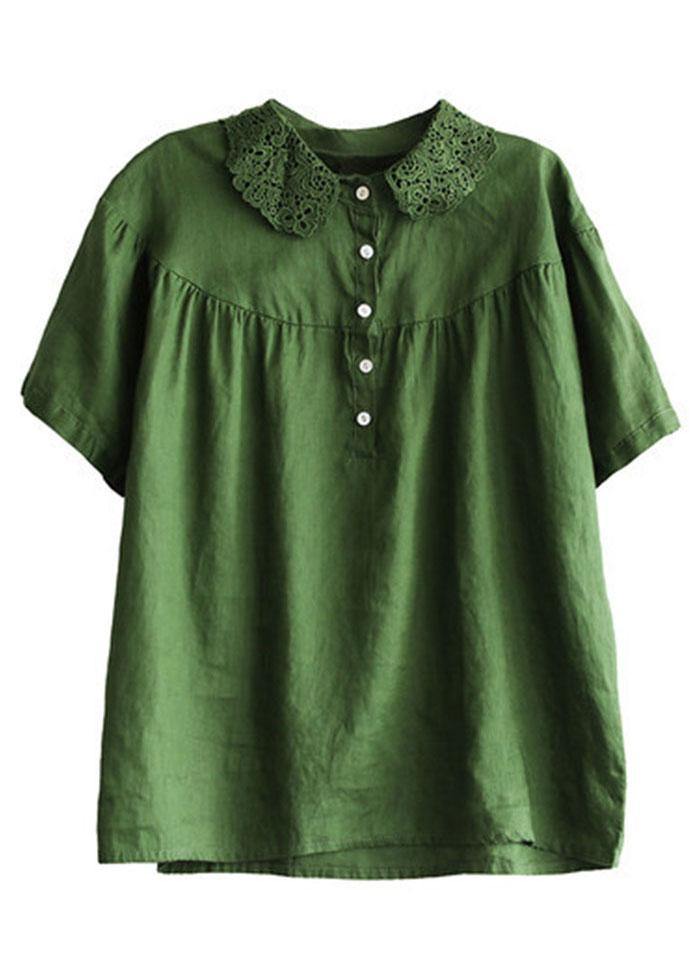 Boutique Green Peter Pan Collar Button Linen Summer Shirt Tops - SooLinen