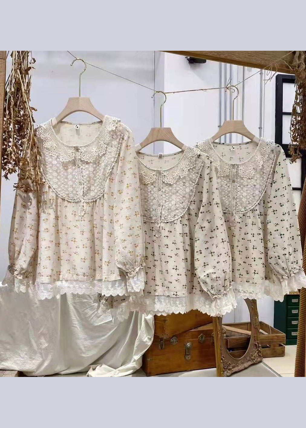 Boutique Grün Peter Pan Kragen Print Tops Frühling