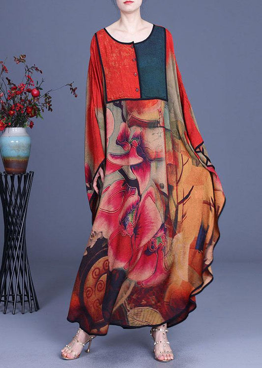 Boutique Green Print Button Retro O-Neck Summer Silk Dresses - SooLinen